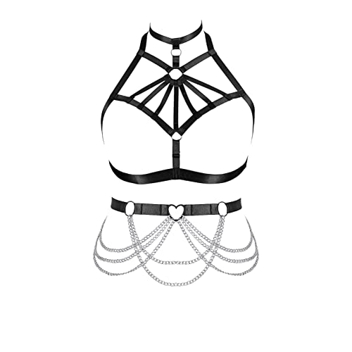 BBOHSS Damen Body Harness BH Set Mode Hohlstrümpfe Festival Anzug Strumpfgürtel Punk Gothic Weihnachten Halloween Kleidung (Schwarz) von BBOHSS