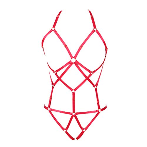 BBOHSS Damen Body Harness BH Set Punk Strap Unterwäsche Ganzkörper Strumpfband Verstellbare Größe Gothic Carnival Kleidung Zubehör (rot) von BBOHSS