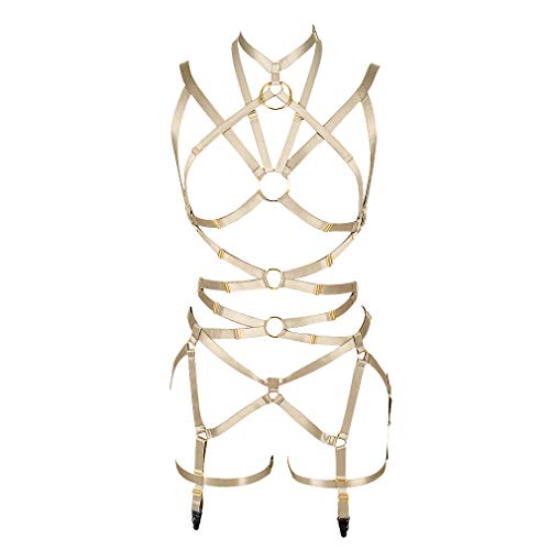 BBOHSS Damen Body Harness BH Vollelastischer Gürtel Verstellbarer elastischer Punk-Tanz Karneval Gothic Anzug Kleidung Zubehör (Gelb) von BBOHSS