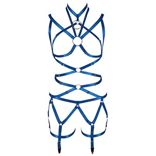 BBOHSS Damen Body Harness BH Vollelastischer Gürtel Verstellbarer elastischer Punk-Tanz Karneval Gothic Anzug Kleidung Zubehör (Königsblau) von BBOHSS