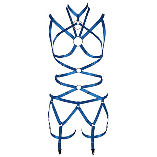 BBOHSS Damen Body Harness BH Vollelastischer Gürtel Verstellbarer elastischer Punk-Tanz Karneval Gothic Anzug Kleidung Zubehör (Königsblau) von BBOHSS