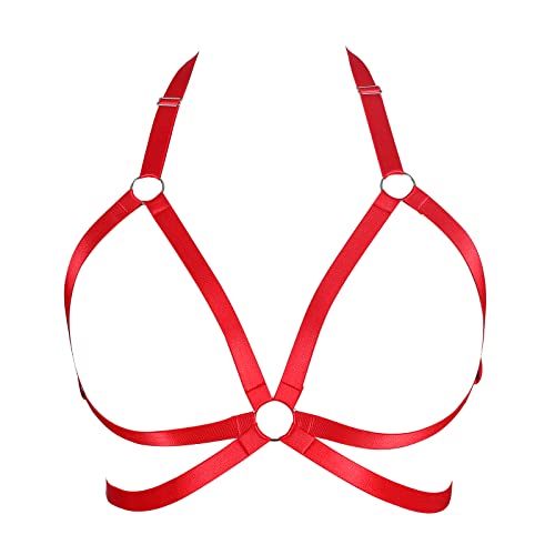 BBOHSS Damen Body Harness BH in Übergröße Modisch Punk Hohler Cupless BH Gothic Karneval Weihnachten Tanz Kostüm (rot) von BBOHSS