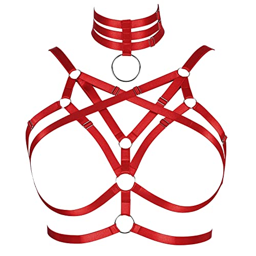 BBOHSS Damen Body Harness Cupless BH Übergroßer BH Ausschnitt Punk Gothic Karneval BH Top Weihnachten Tanzkostüm (Weinrot) von BBOHSS