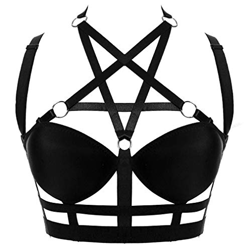 BBOHSS Damen Pentagramm Body Harness BH Strappy Tops verstellbar Gothic Punk Festival Rave Bralette - Schwarz - Einheitsgröße (Schwarz A) von BBOHSS