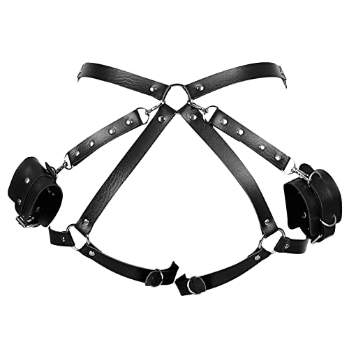 BBOHSS Damen Body Harness Leder Punk Taillenkäfig Gürtel Handgelenkverschluss Gothic Weihnachten Karneval Halloween Tanzkostüm (Schwarz) von BBOHSS