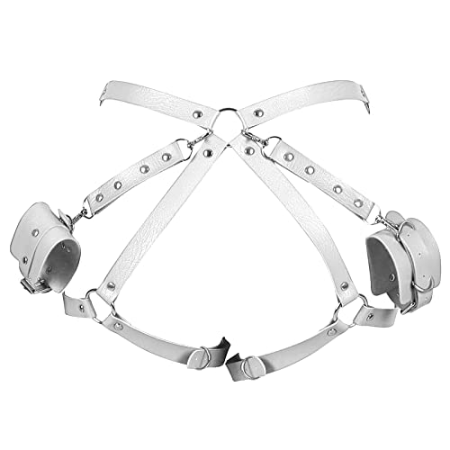 BBOHSS Damen Body Harness Leder Punk Taillenkäfig Gürtel Handgelenkverschluss Gothic Weihnachten Karneval Halloween Tanzkostüm (Weiß) von BBOHSS