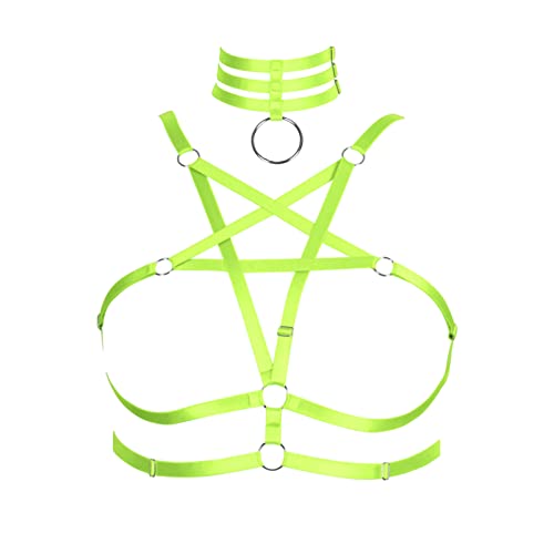 BBOHSS Damen Body Harness Pentagram Mode BH Dessous Käfig Gürtel Plus Size Elastic Punk Gothic Karneval Halloween Tanzkostüm (Leuchtendes Grün) von BBOHSS