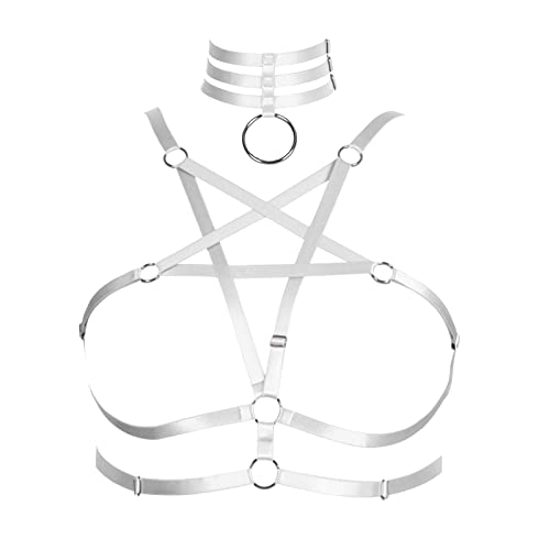 BBOHSS Damen Body Harness Pentagram Mode BH Dessous Käfig Gürtel Plus Size Elastic Punk Gothic Karneval Halloween Tanzkostüm (Weiß) von BBOHSS