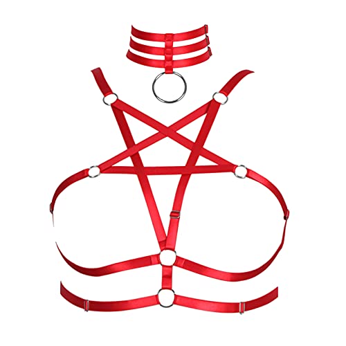 BBOHSS Damen Body Harness Pentagram Mode BH Dessous Käfig Gürtel Plus Size Elastic Punk Gothic Karneval Halloween Tanzkostüm (rot) von BBOHSS