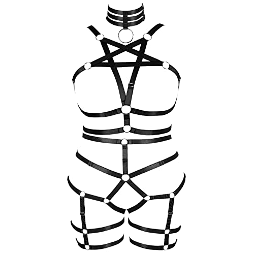 BBOHSS Damen Body Harness Pentagram Plus Size BH Anzug Strumpfband Hohle Strümpfe Punk Gothicalloween Mode Tanzkleidung (Schwarz) von BBOHSS