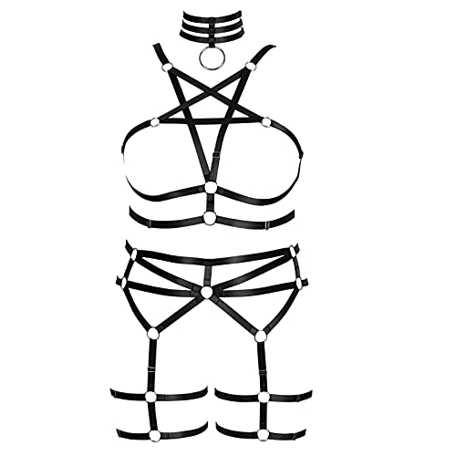 BBOHSS Damen Body Harness Pentagram Plus Size BH Set Punk Strümpfe Strumpfband Elastic Gothic Carnival Halloween Tanzkostüm (Schwarz) von BBOHSS