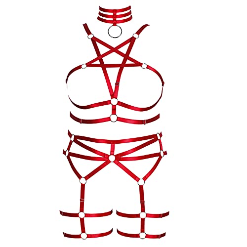 BBOHSS Damen Body Harness Pentagram Plus Size BH Set Punk Strümpfe Strumpfband Elastic Gothic Carnival Halloween Tanzkostüm (Weinrot) von BBOHSS
