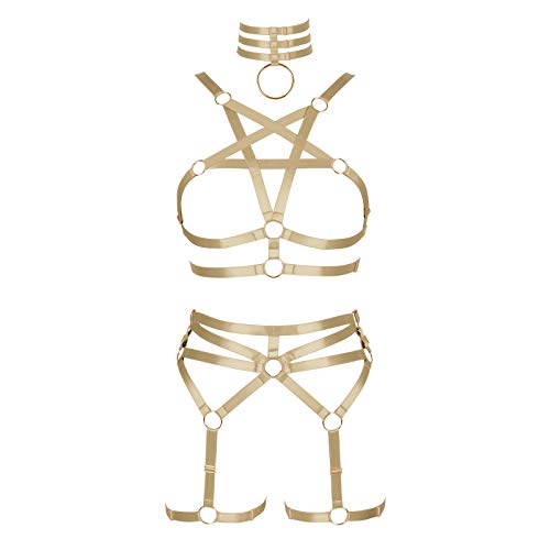 BBOHSS Damen Body Harness Pentagramm BH Set Punk Strumpfband Bein Taille Tanz Elastic Gothic Carnival Zubehör (Gelb) von BBOHSS