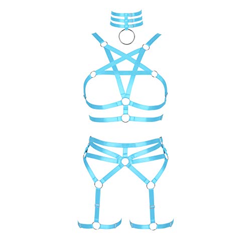 BBOHSS Damen Body Harness Pentagramm BH Set Punk Strumpfband Bein Taille Tanz Elastic Gothic Carnival Zubehör (Himmelblau) von BBOHSS