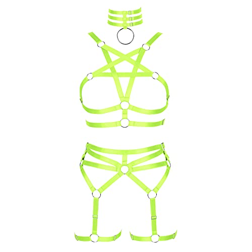 BBOHSS Damen Body Harness Pentagramm BH Set Punk Strumpfband Bein Taille Tanz Elastic Gothic Carnival Zubehör (Leuchtendes Grün) von BBOHSS