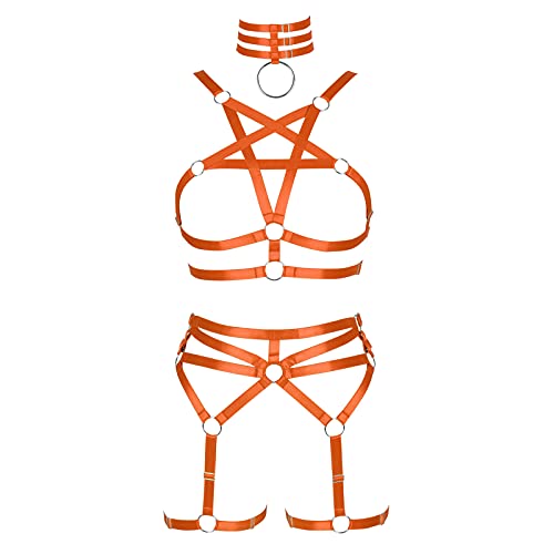 BBOHSS Damen Body Harness Pentagramm BH Set Punk Strumpfband Bein Taille Tanz Elastic Gothic Carnival Zubehör (Orange) von BBOHSS