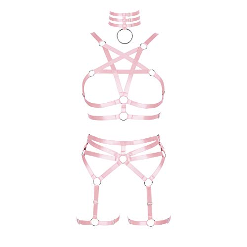 BBOHSS Damen Body Harness Pentagramm BH Set Punk Strumpfband Bein Taille Tanz Elastic Gothic Carnival Zubehör (Rosa) von BBOHSS