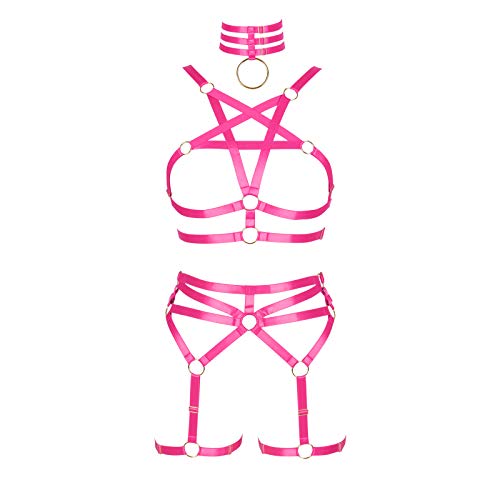 BBOHSS Damen Body Harness Pentagramm BH Set Punk Strumpfband Bein Taille Tanz Elastic Gothic Carnival Zubehör (Rose Red) von BBOHSS