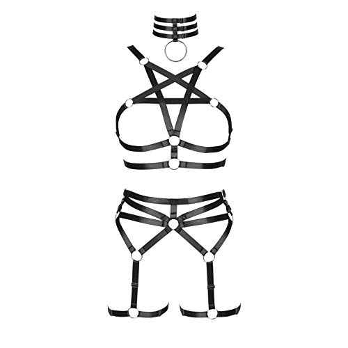 BBOHSS Damen Body Harness Pentagramm BH Set Punk Strumpfband Bein Taille Tanz Elastic Gothic Carnival Zubehör (Schwarz) von BBOHSS