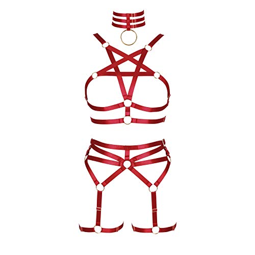 BBOHSS Damen Body Harness Pentagramm BH Set Punk Strumpfband Bein Taille Tanz Elastic Gothic Carnival Zubehör (Weinrot) von BBOHSS