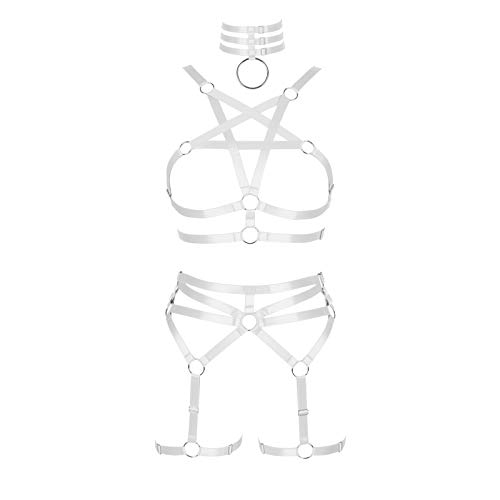 BBOHSS Damen Body Harness Pentagramm BH Set Punk Strumpfband Bein Taille Tanz Elastic Gothic Carnival Zubehör (Weiß) von BBOHSS