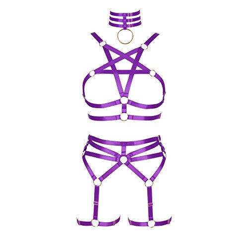 BBOHSS Damen Body Harness Pentagramm BH Set Punk Strumpfband Bein Taille Tanz Elastic Gothic Carnival Zubehör (lila) von BBOHSS