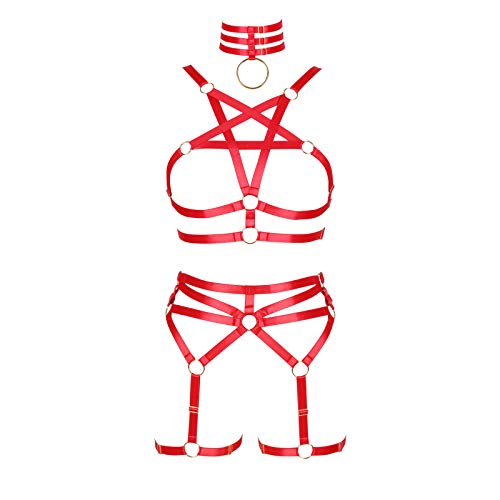 BBOHSS Damen Body Harness Pentagramm BH Set Punk Strumpfband Bein Taille Tanz Elastic Gothic Carnival Zubehör (rot) von BBOHSS