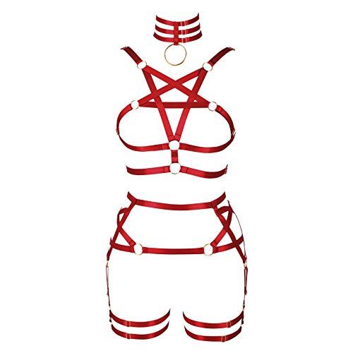 BBOHSS Damen Body Harness Pentagramm BH Strumpfband Gürtel Set Punk Gothic Carnival Halloween Elastic Verstellbares Tanzkostüm (Weinrot) von BBOHSS