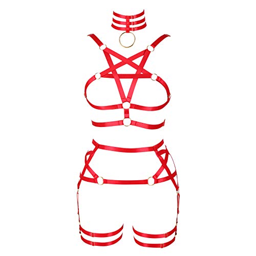 BBOHSS Damen Body Harness Pentagramm BH Strumpfband Gürtel Set Punk Gothic Carnival Halloween Elastic Verstellbares Tanzkostüm (rot) von BBOHSS