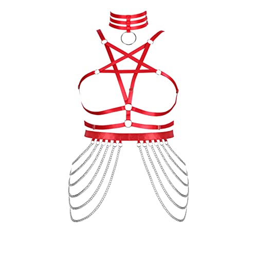 BBOHSS Damen Body Harness Pentagramm BH Strumpfband Set Punk Gothic Karneval Halloween Übergröße Strumpfband BH Tanzkostüm (rot) von BBOHSS