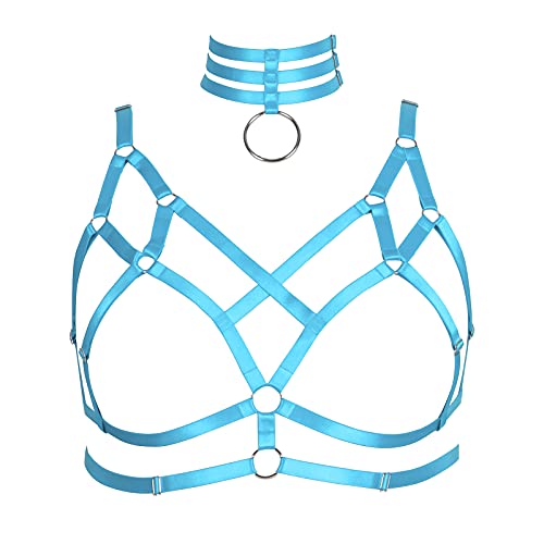 BBOHSS Damen Body Harness Plus Size BH Elastische Unterwäsche Bra Punk Elastic Bra Halloween Karneval Tanz Kostüm (Himmelblau) von BBOHSS