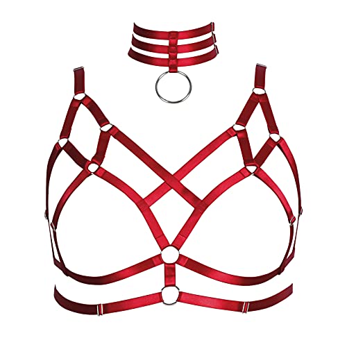 BBOHSS Damen Body Harness Plus Size BH Elastische Unterwäsche Bra Punk Elastic Bra Halloween Karneval Tanz Kostüm (Weinrot) von BBOHSS