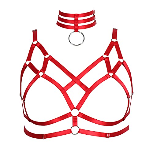 BBOHSS Damen Body Harness Plus Size BH Elastische Unterwäsche Bra Punk Elastic Bra Halloween Karneval Tanz Kostüm (rot) von BBOHSS