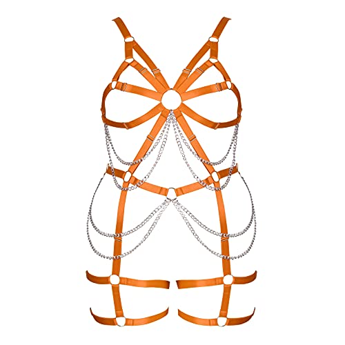 BBOHSS Damen Body Harness Plus Size Strumpfhalter Full Cage Aushöhlen Rahmen Riemchenstrümpfe BH Set Punk Gothic Rave Kostüm (Orange) von BBOHSS