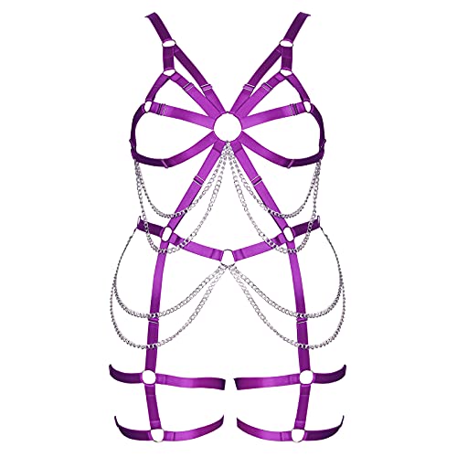 BBOHSS Damen Body Harness Plus Size Strumpfhalter Full Cage Aushöhlen Rahmen Riemchenstrümpfe BH Set Punk Gothic Rave Kostüm (lila) von BBOHSS