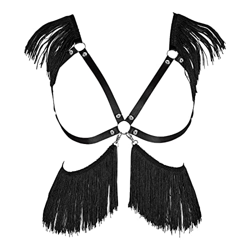 BBOHSS Damen Body Harness Punk-BH ohne Körbchen Übergröße Mode-BH mit Quasten Gothic Weihnachten Karneval Halloween Tanzkostüm (Schwarz) von BBOHSS