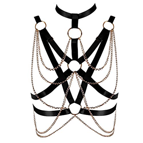 BBOHSS Damen Body Harness Punk Bra Elastic Verstellbare Metallkette Bra Gothic Carnival Halloween Kostüm Zubehör (Schwarz + Gold) von BBOHSS