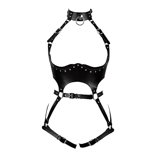 BBOHSS Damen Body Harness Punk Dessous Leder Brust Käfig BH Gothic Halloween Voll Hohl Verstellbarer Gürtel Tanzkostüm, Schwarz , One size von BBOHSS