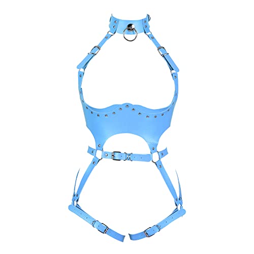 BBOHSS Damen Body Harness Punk Dessous Leder Brustkäfig BH Gothic Halloween Full Hollow Verstellbarer Gürtel Tanzkostüm (Himmelblau) von BBOHSS