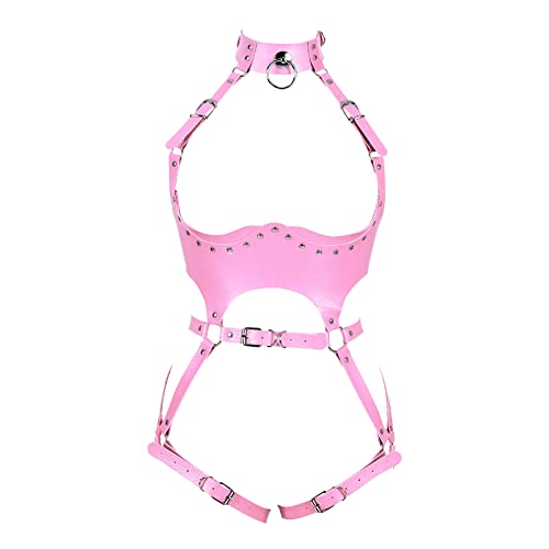 BBOHSS Damen Body Harness Punk Dessous Leder Brustkäfig BH Gothic Halloween Full Hollow Verstellbarer Gürtel Tanzkostüm (Rosa) von BBOHSS