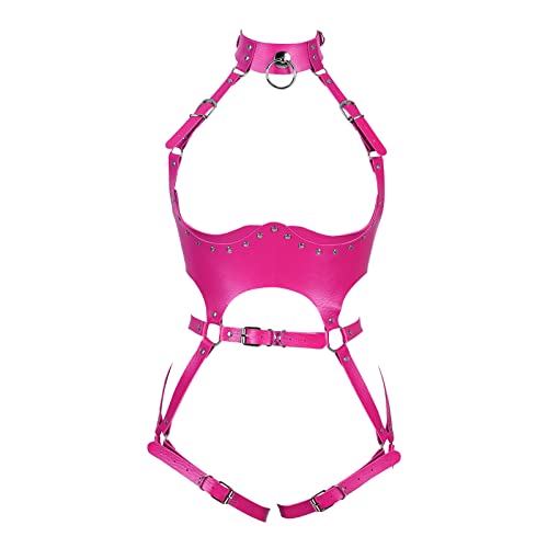 BBOHSS Damen Body Harness Punk Dessous Leder Brustkäfig BH Gothic Halloween Full Hollow Verstellbarer Gürtel Tanzkostüm (Rose Red) von BBOHSS