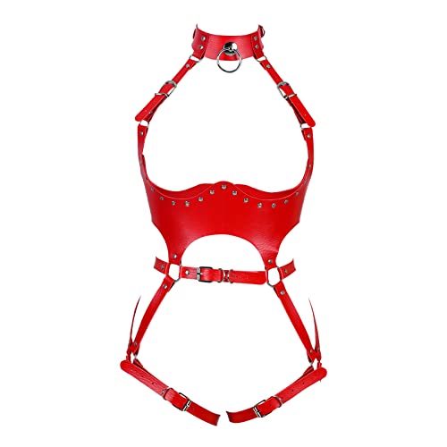 BBOHSS Damen Body Harness Punk Dessous Leder Brustkäfig BH Gothic Halloween Full Hollow Verstellbarer Gürtel Tanzkostüm (rot) von BBOHSS