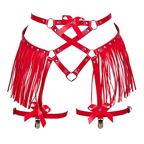 BBOHSS Damen Body Harness Punk Mode Leder Strumpfband Quaste Gürtel Halloween Club Festival Strumpfband Tanzstrumpf Kostüm (rot) von BBOHSS