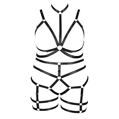 BBOHSS Damen Body Harness Unterwäsche Set Plus Size Käfig Hohl Halter BH und Strumpfband Set Punk Gothic Tanzkostüm (Schwarz) von BBOHSS