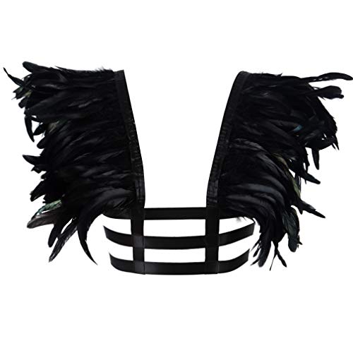BBOHSS Damen Feder Body Harness BH Epaulette Wings Elastic Verstellbare Größe Tanz Karneval Gothic Kostüm Zubehör (Schwarz + Gold) von BBOHSS