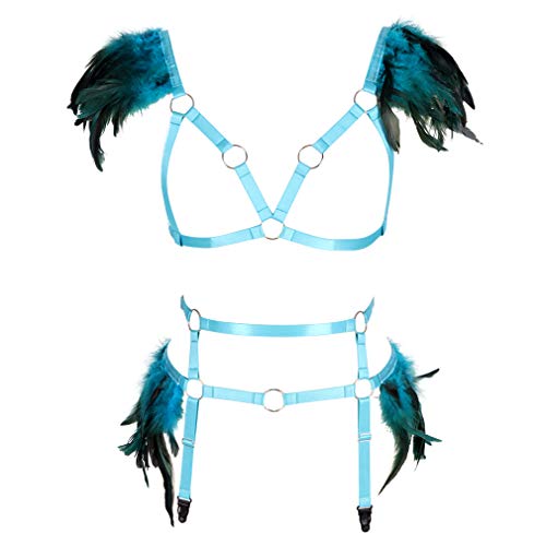 BBOHSS Damen Feder Body Harness BH Set Gothic Full Garter Gürtel Elastic Waist Cage Punk Karneval Kunst Kostüm Zubehör (Jadegrün) von BBOHSS