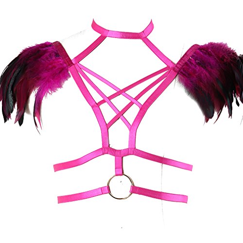 BBOHSS Damen Feder Body Harness BH Unterwäsche Body Sling Bra Elastisch verstellbar Punk Gothic Accessoires (Rose Rot) von BBOHSS