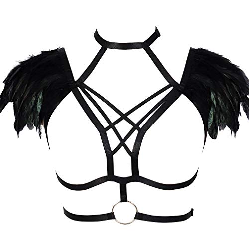 BBOHSS Damen Feder Body Harness BH Unterwäsche Body Sling Bra Elastisch verstellbar Punk Gothic Accessoires (Schwarz) von BBOHSS