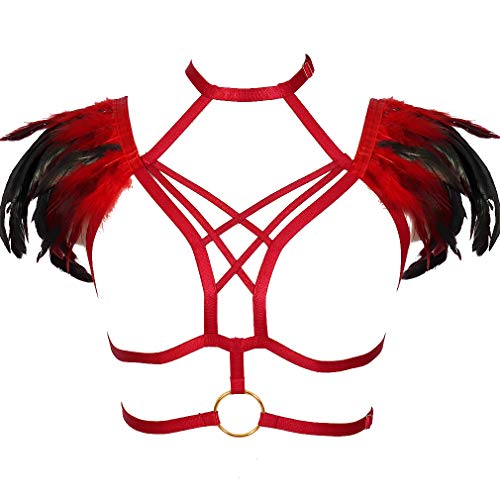 BBOHSS Damen Feder Body Harness BH Unterwäsche Body Sling Bra Elastisch verstellbar Punk Gothic Accessoires (rot) von BBOHSS
