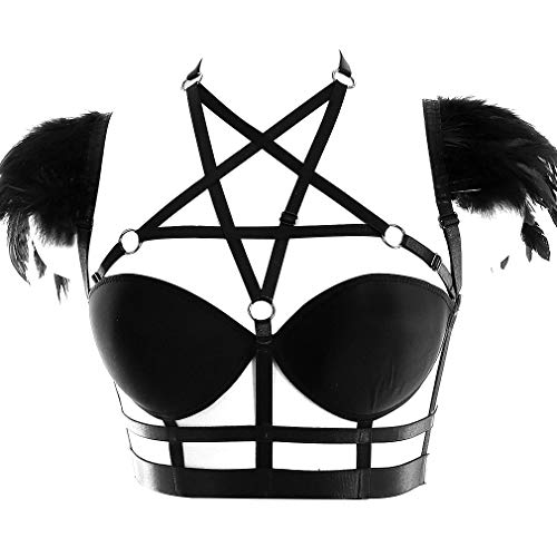 BBOHSS Damen Feder Body Harness BH Unterwäsche Body Sling Bra Elastisch verstellbar Punk Karneval Gothic Accessoires von BBOHSS